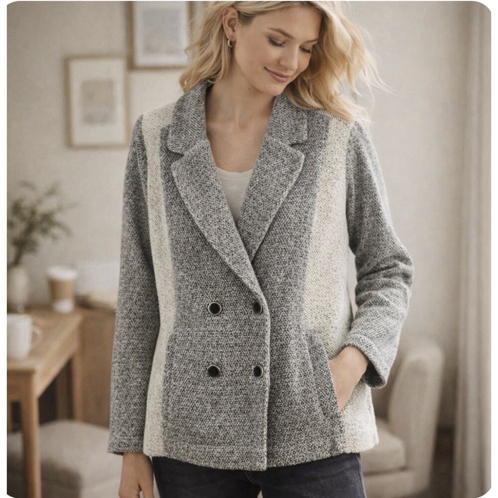 Anthropologie Saturday Sunday Sz L Knit Blk Gray Color Block Pkts Dbl Brstd Jckt - Picture 1 of 8